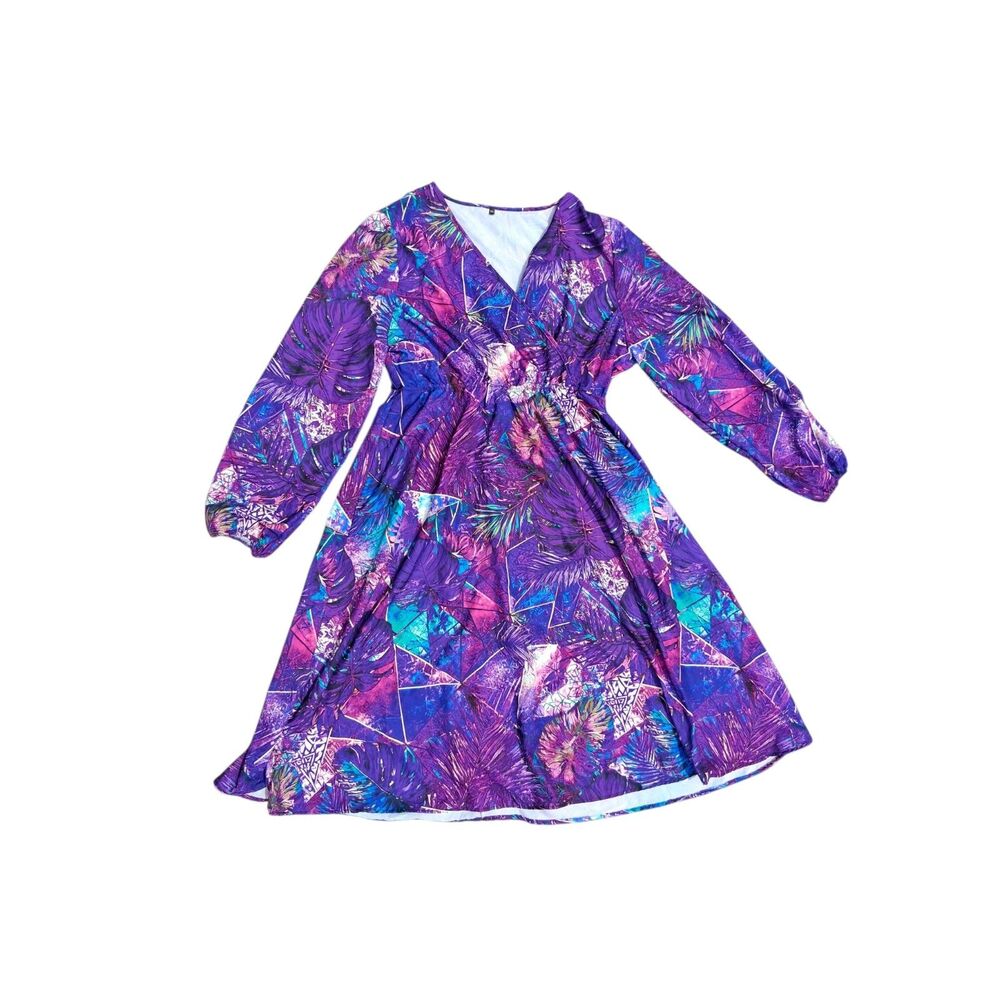 Plus Size 3X Boho Tropical Geometric Faux Wrap Dress Purple Teal Long Sleeve
